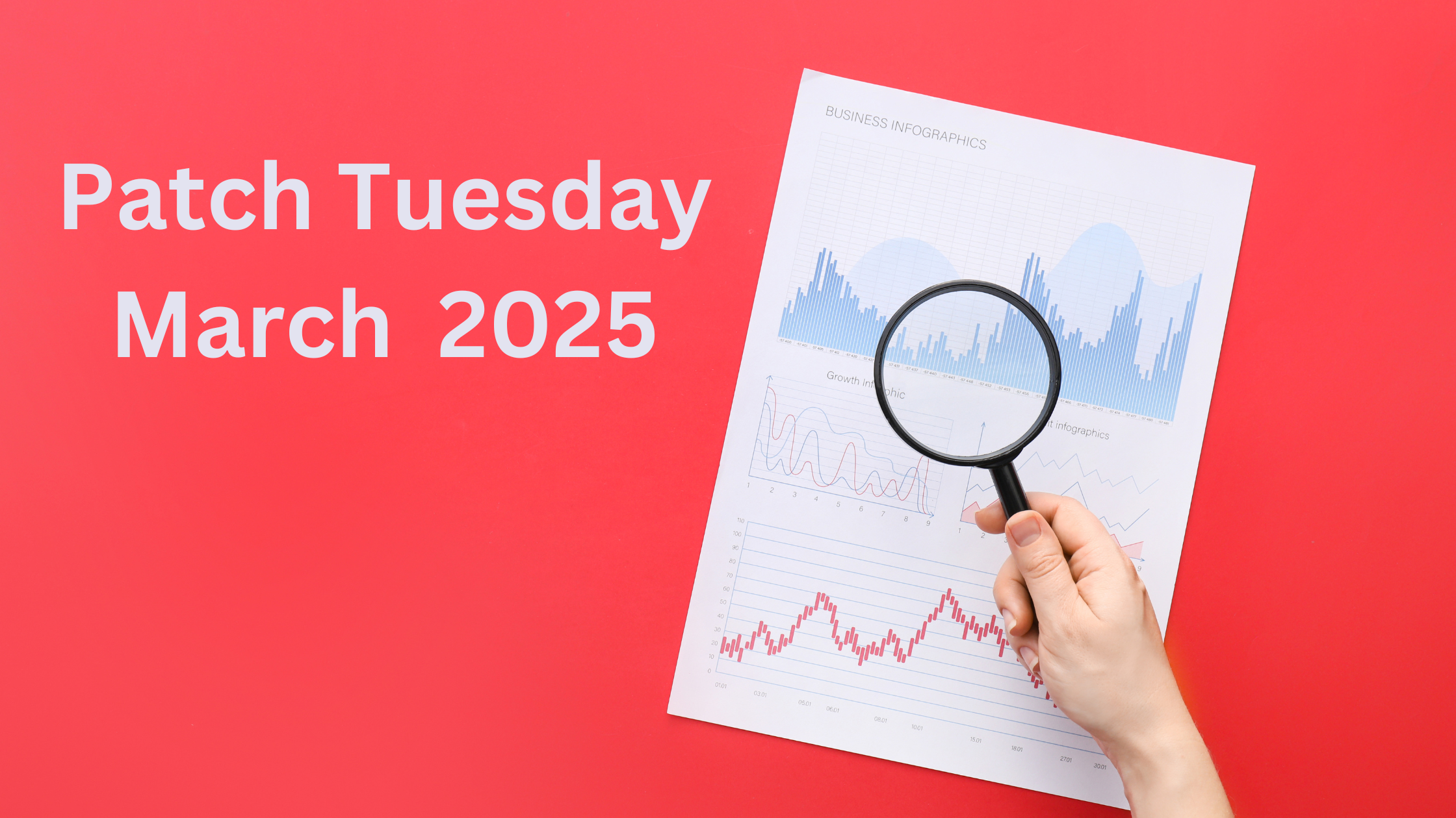 A magnifying glass over business graphs with "Patch Tuesday March 2025" text on a red background.
