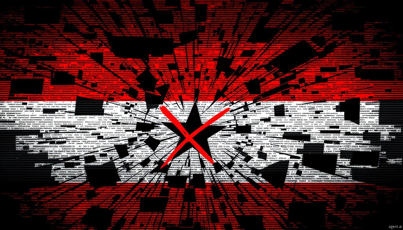 A digital depiction of a cyber attack with shattered data fragments and red, white, and black code-based imagery.