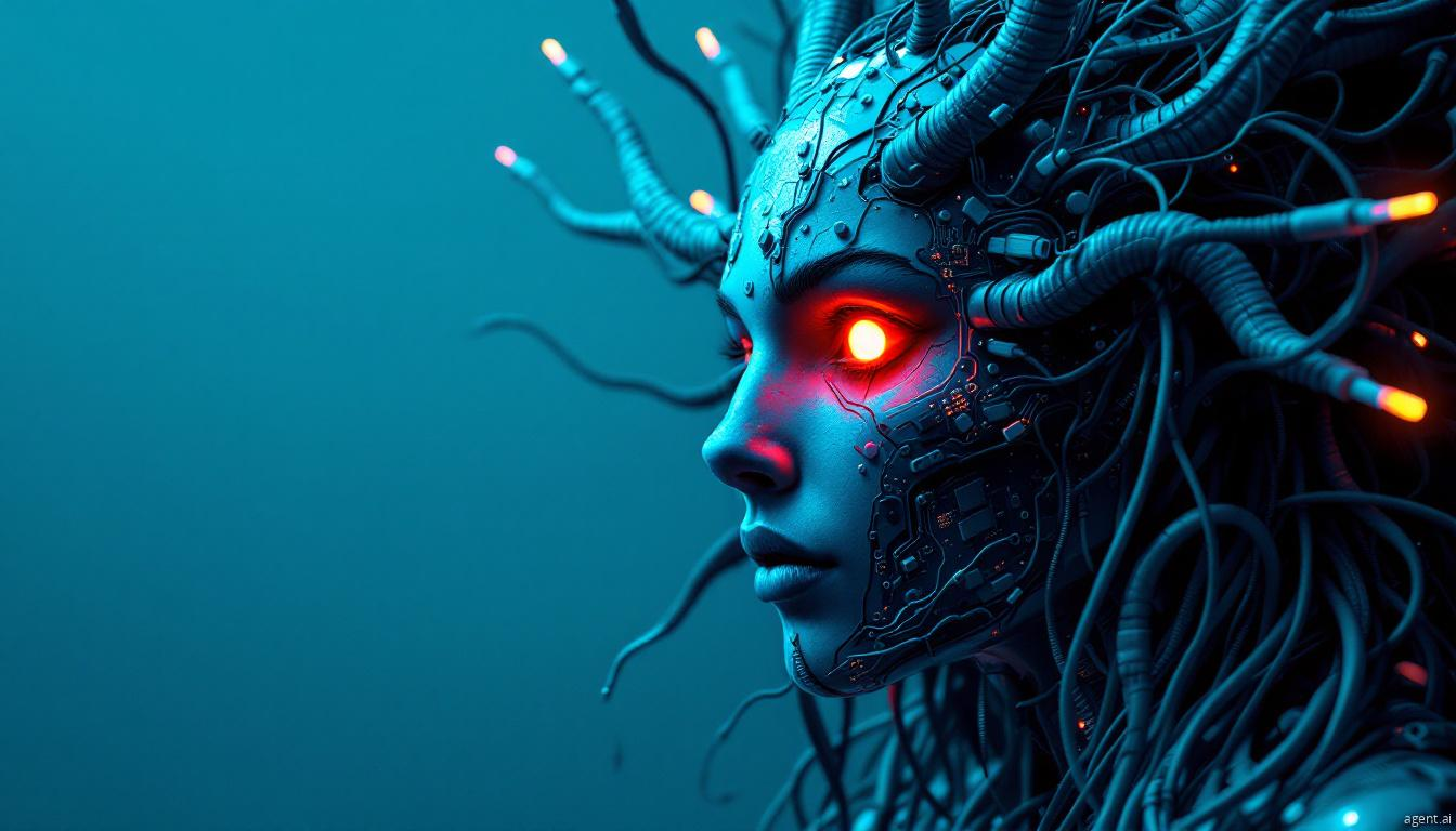 A futuristic cybernetic humanoid with glowing red eyes, integrated circuitry, and illuminated cables extending from its head.