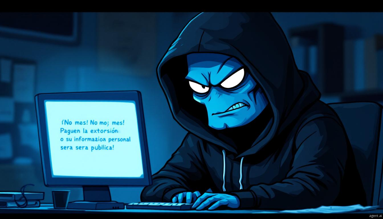 A sinister hacker in a dark hoodie with glowing blue skin types on a keyboard, displaying a ransomware extortion message on the screen.