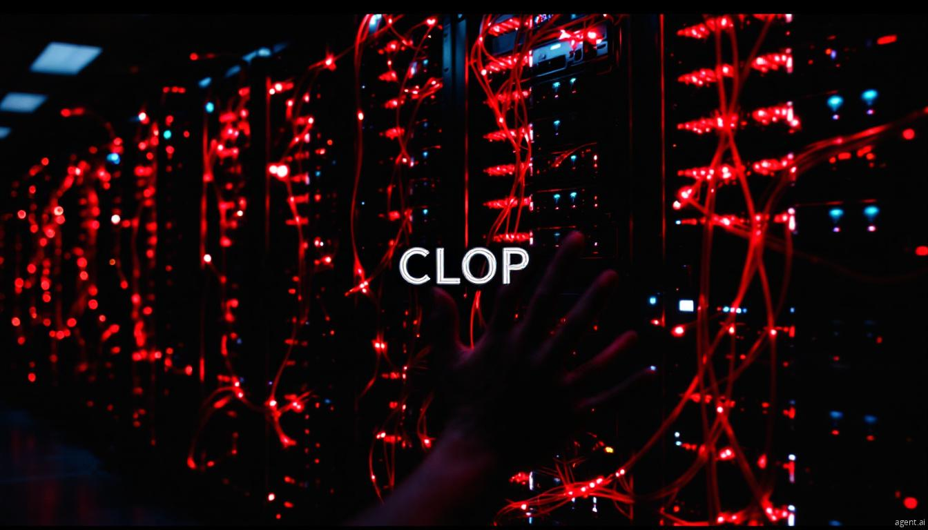 A dark server room with glowing red cables and a reaching hand, symbolizing CLOP ransomware cyber intrusion.