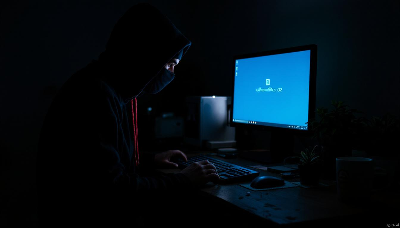 A masked individual in a dark room using a computer, with a suspicious program displayed on the screen.