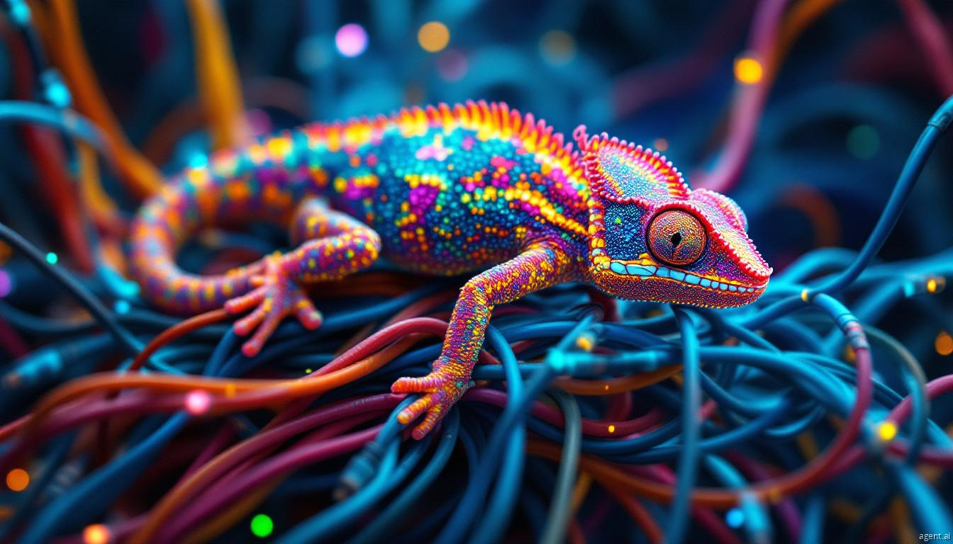 A vividly colored chameleon with glowing neon hues crawling through a tangle of illuminated network cables.