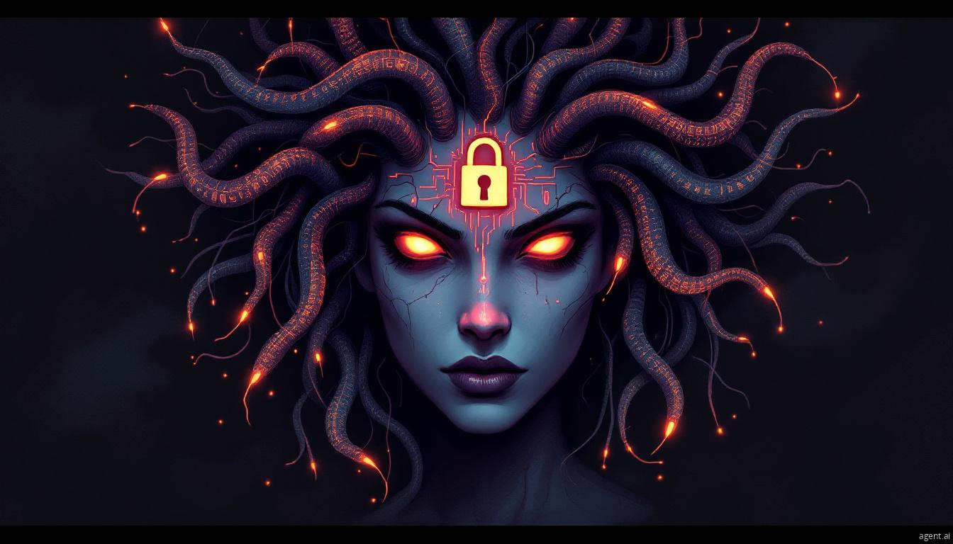 A futuristic Medusa-like figure with glowing cybernetic snakes for hair and a lock symbol on her forehead, symbolizing digital encryption and cyber threats.