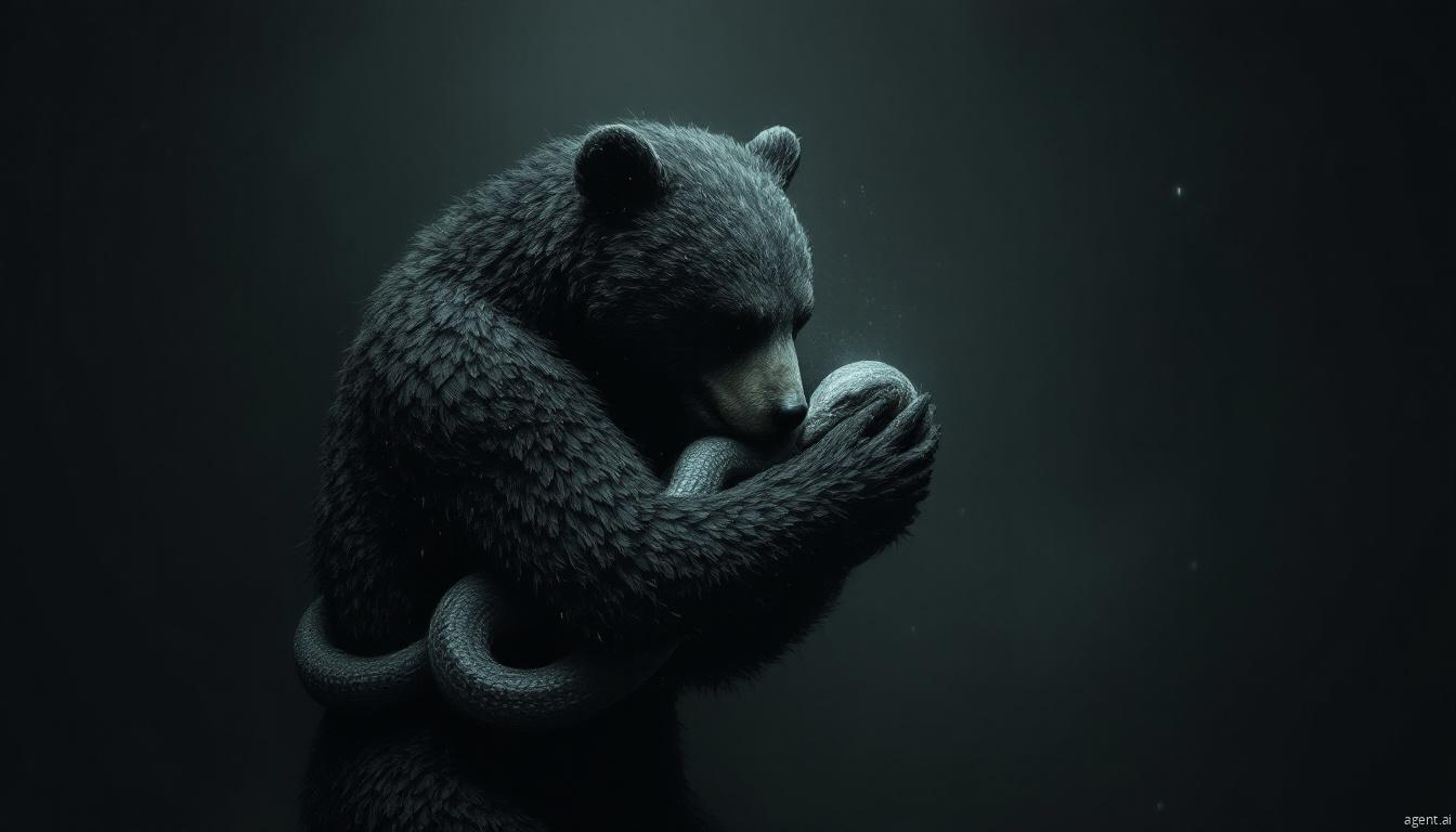 A black bear gently cradles a coiled snake in a dark, surreal atmosphere.