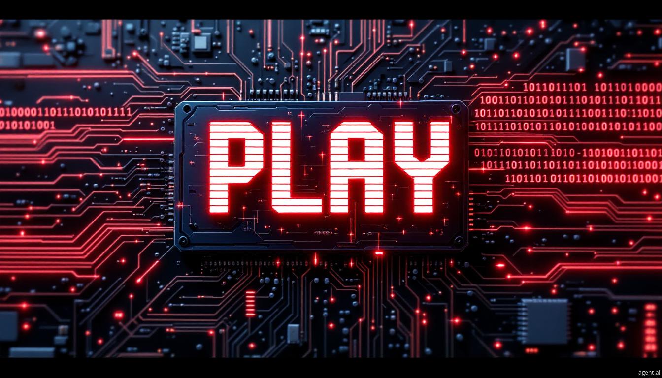 A glowing red "PLAY" button on a futuristic circuit board with binary code, symbolizing cybersecurity threats or digital activation.