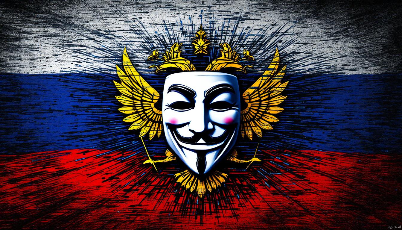 A Guy Fawkes mask superimposed on a stylized Russian flag with golden wings and a crown, symbolizing cyber hacktivism or digital rebellion.