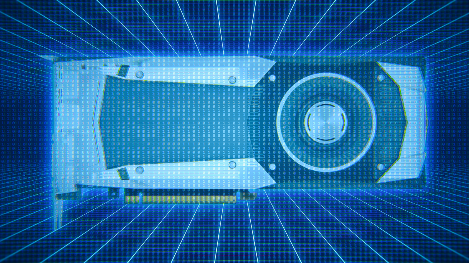 A digital rendering of a GPU with a futuristic overlay of binary code and grid lines, symbolizing cybersecurity threats or data processing.