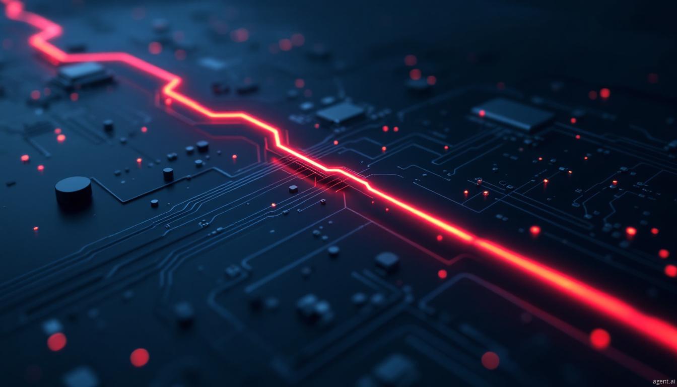 A futuristic digital circuit board with a glowing red crack symbolizing a cybersecurity breach.