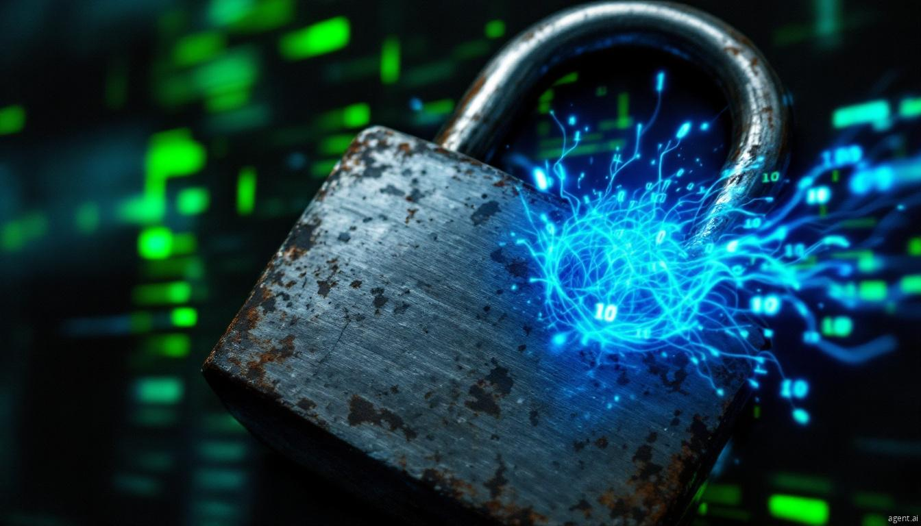A rusted padlock with a glowing blue digital breach effect, symbolizing cybersecurity threats and encryption vulnerabilities.
