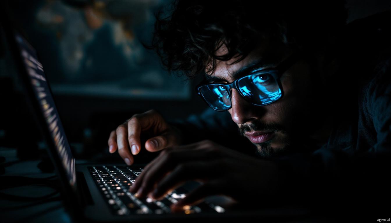 A hacker in a dimly lit room typing on a laptop, with blue reflections in their glasses symbolizing cyber espionage