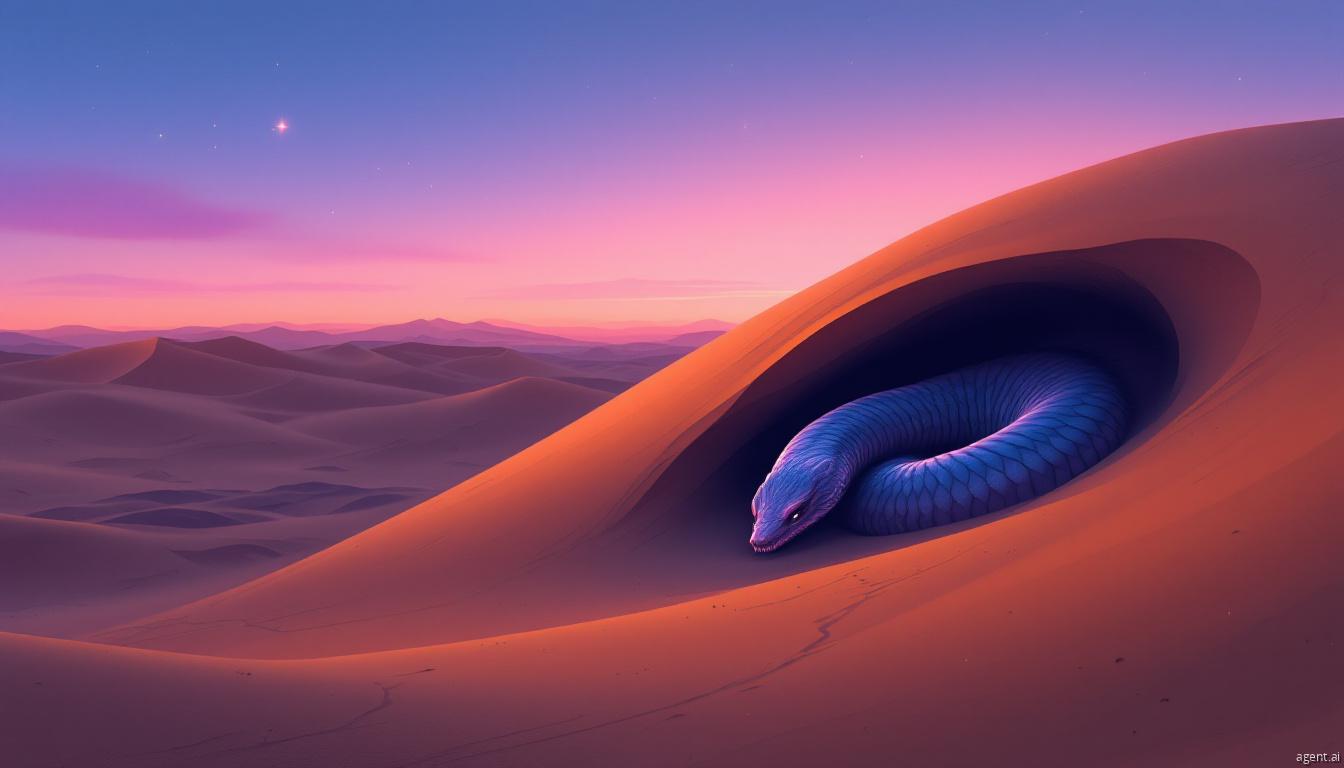 A surreal depiction of a giant, luminescent blue sandworm emerging from a sand dune at twilight.