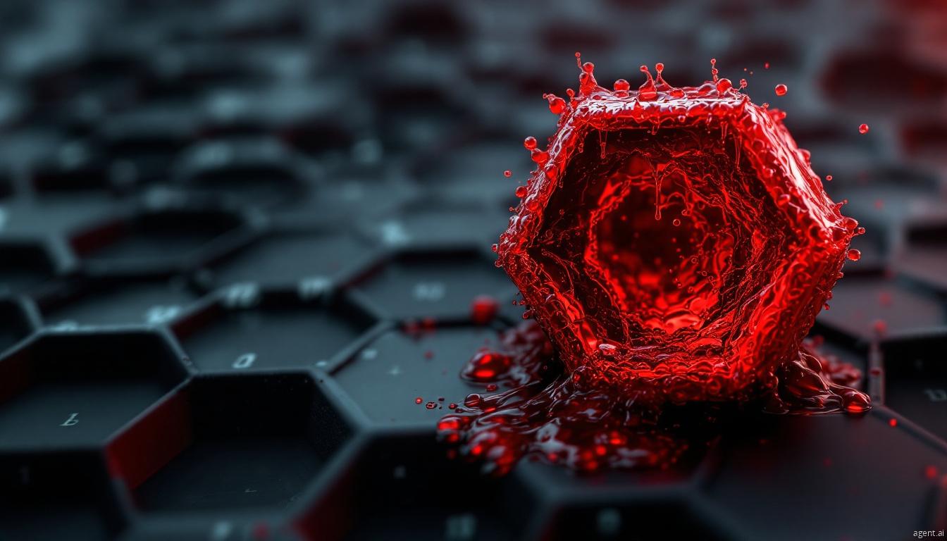 A futuristic depiction of a red liquid hexagonal structure forming on a dark honeycomb keyboard, symbolizing digital threats and ransomware.