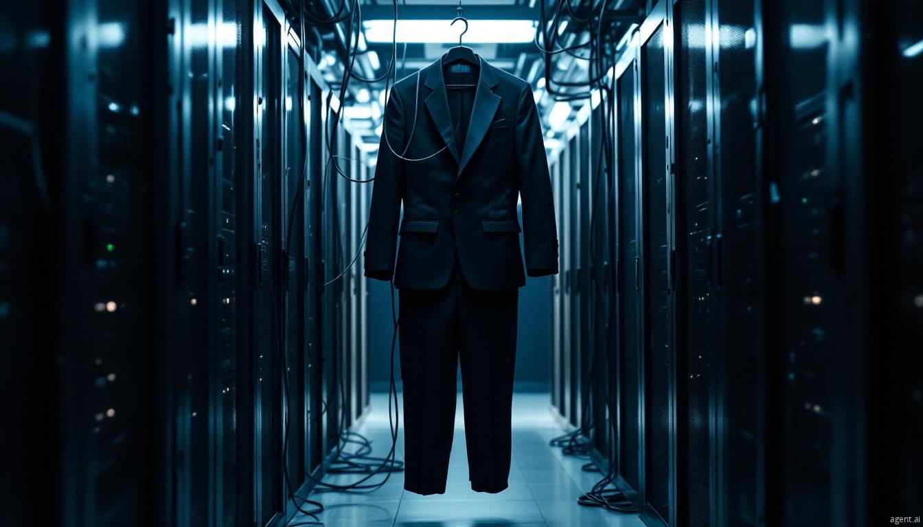 A black suit mysteriously suspended in a dimly lit server room, symbolizing cyber threats, corporate espionage, or ransomware infiltration.