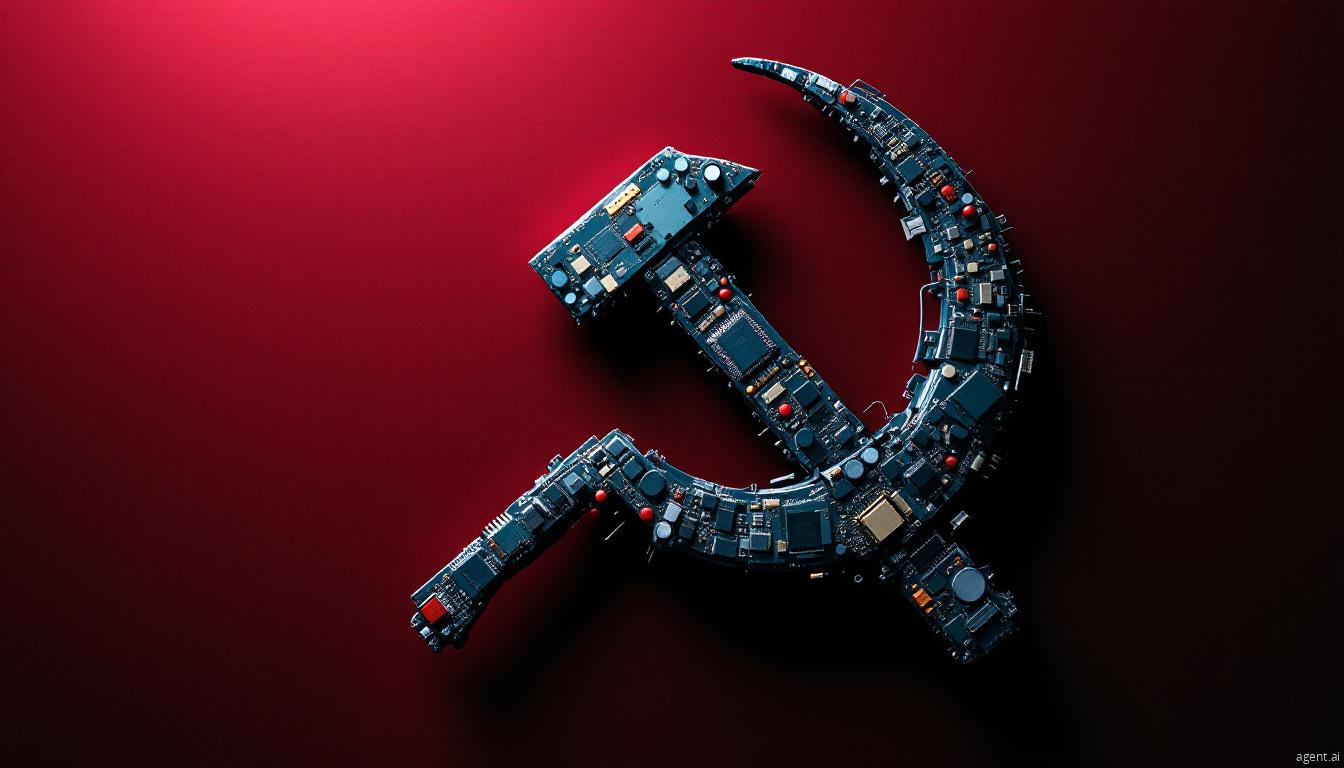 A digital artwork of the Soviet hammer and sickle made from circuit boards and electronic components on a red background.