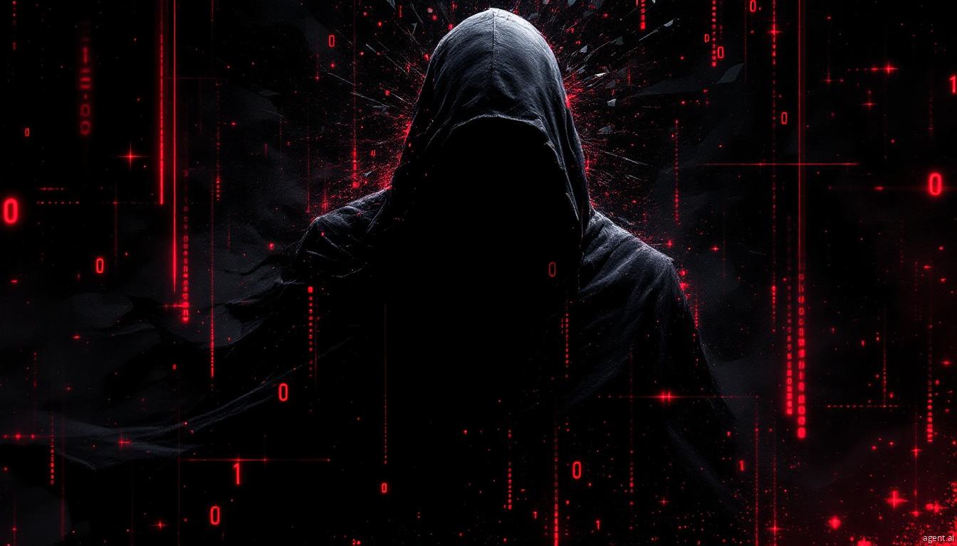 A hooded figure in darkness surrounded by glowing red digital code, symbolizing cyber threats or hackers.
