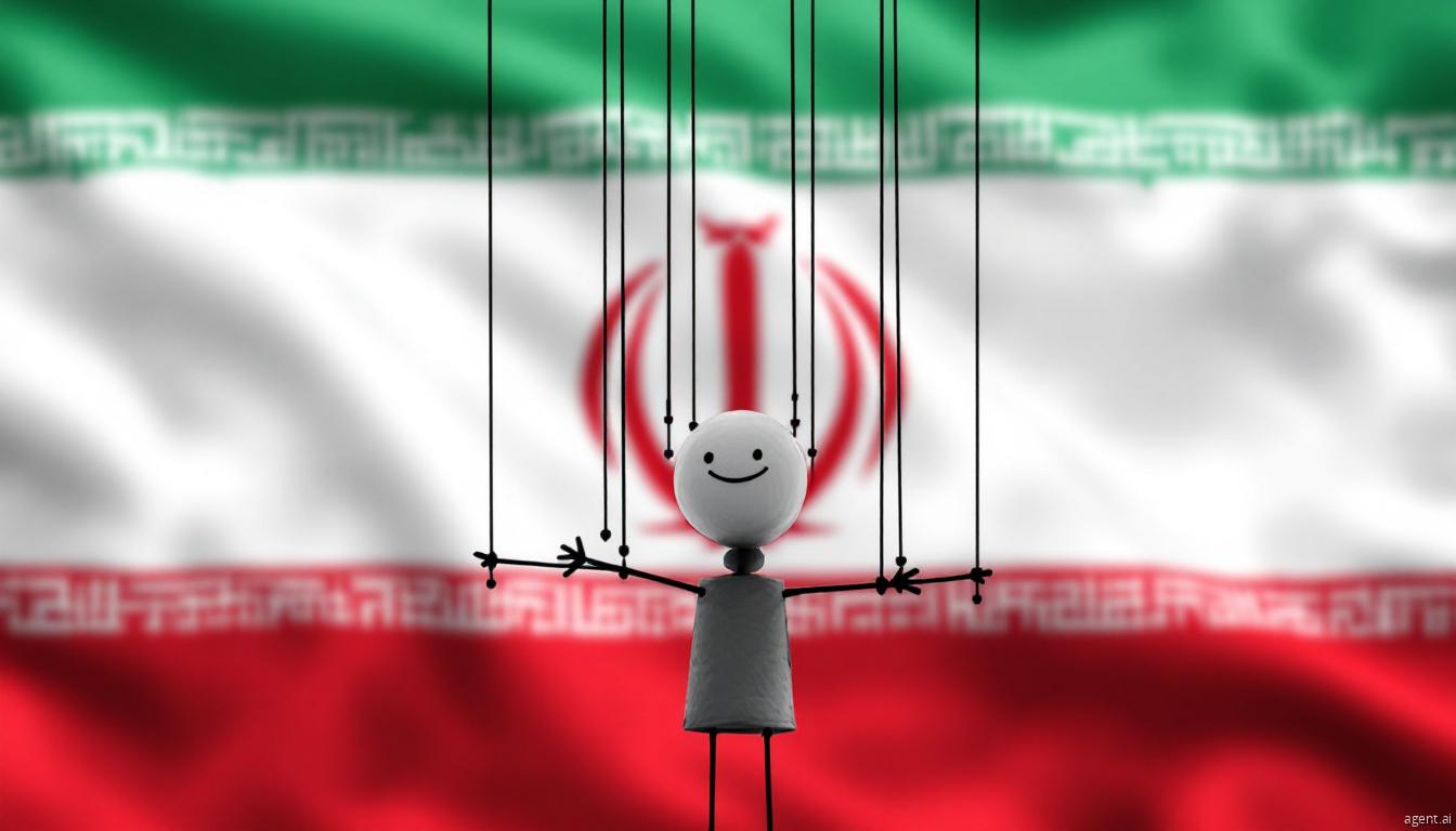 A puppet-like figure with a smiling face controlled by strings, set against the Iranian flag, symbolizing cyber influence or state-sponsored manipulation.