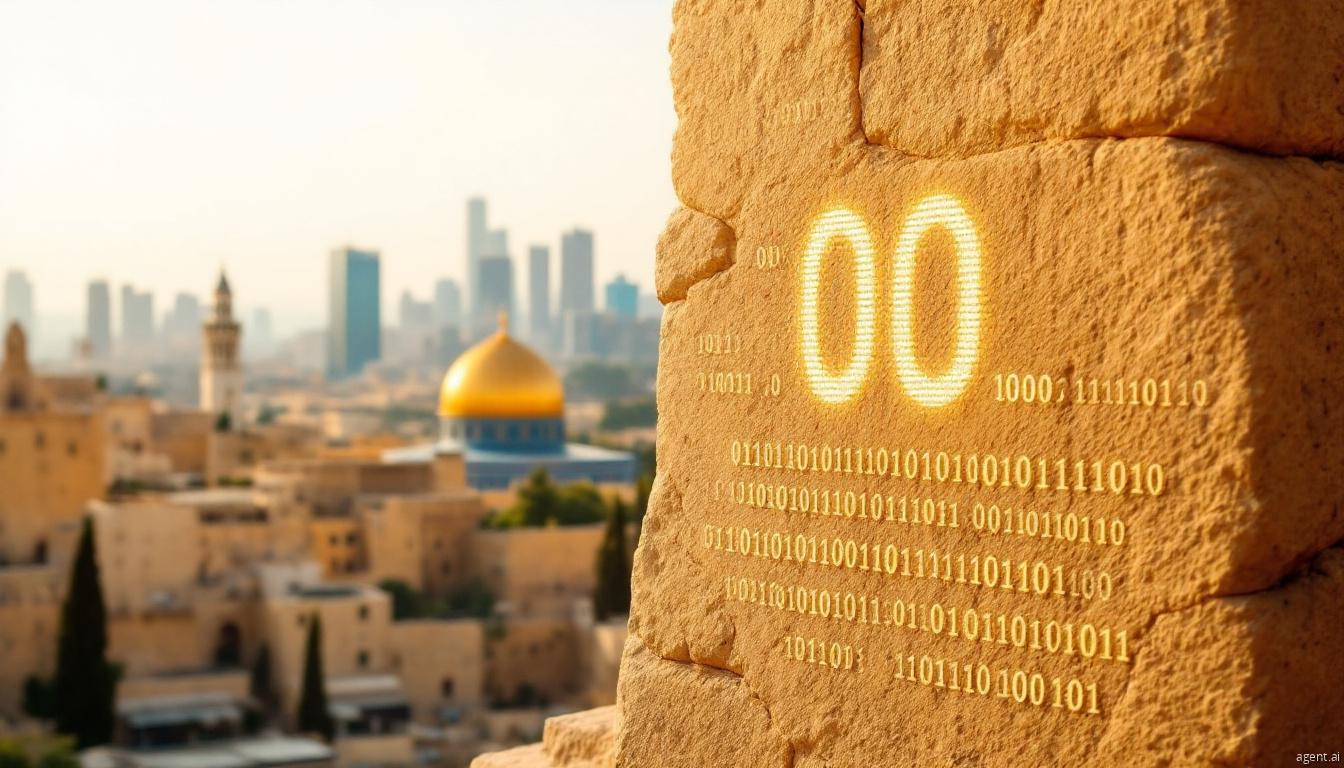 Binary code and glowing digital symbols appear on ancient stone walls overlooking Jerusalem, symbolizing cyber threats targeting historical and geopolitical regions.
