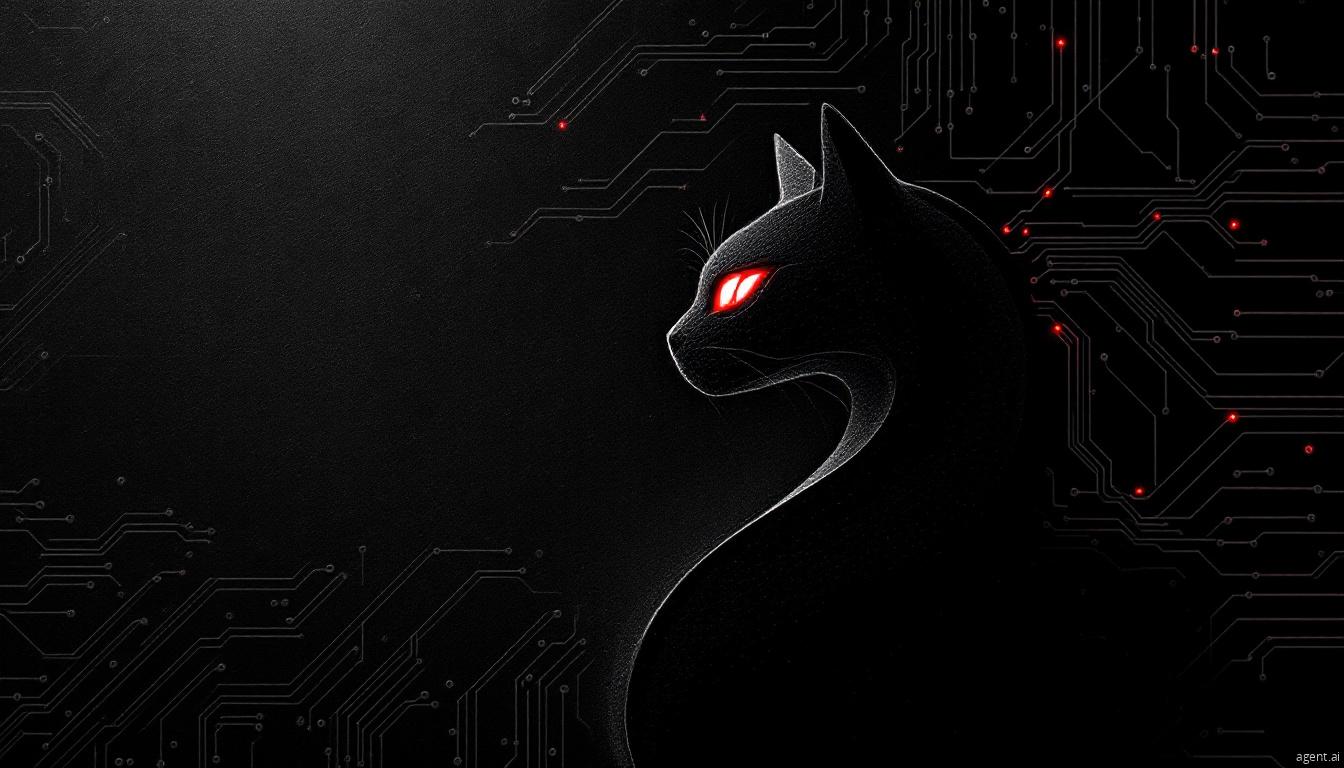 A sleek black cat with glowing red eyes emerges from dark digital circuits, symbolizing the stealth and danger of the BlackCat/ALPHV ransomware group.