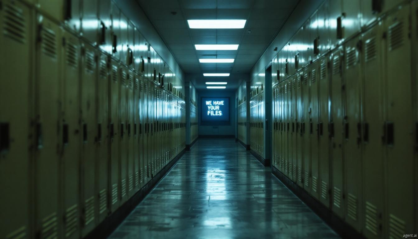 A dimly lit school hallway ends with an ominous glowing message "WE HAVE YOUR FILES," symbolizing Vice Society ransomware attacks on the education sector.