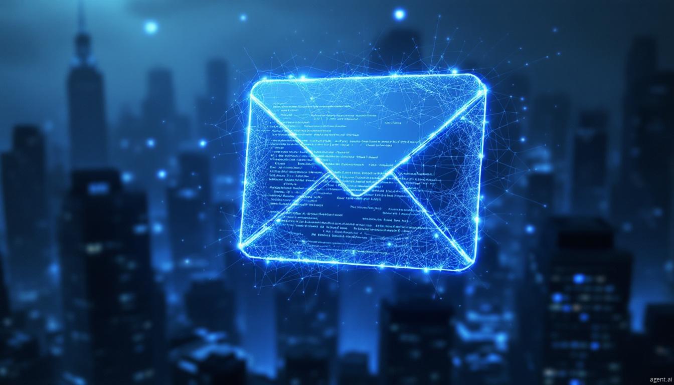 A glowing digital envelope hovers over a dark cityscape, symbolizing FIN7’s use of phishing emails and malware-laced messages in cyberattacks.
