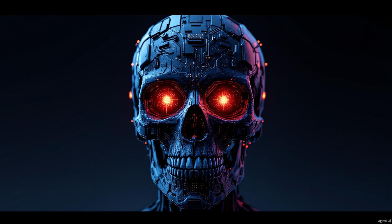 Futuristic cyber-skull with glowing red eyes symbolizing AI-driven cyber threats.