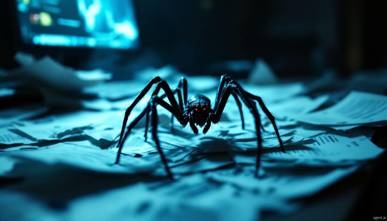 A menacing spider crawling over documents symbolizes the stealthy nature of Karakurt data theft operations.