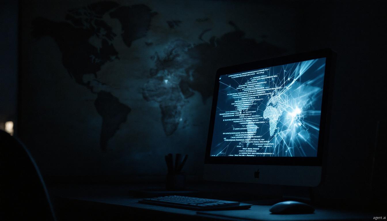 A dark-themed computer setup displays global network data with code overlaid on a world map.