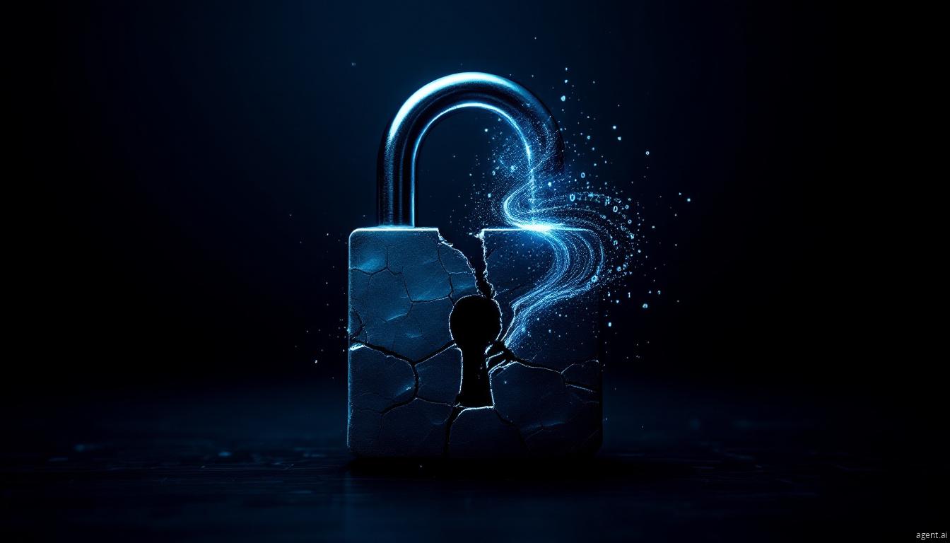 A cracked padlock emitting digital particles symbolizes a cybersecurity breach or data compromise.