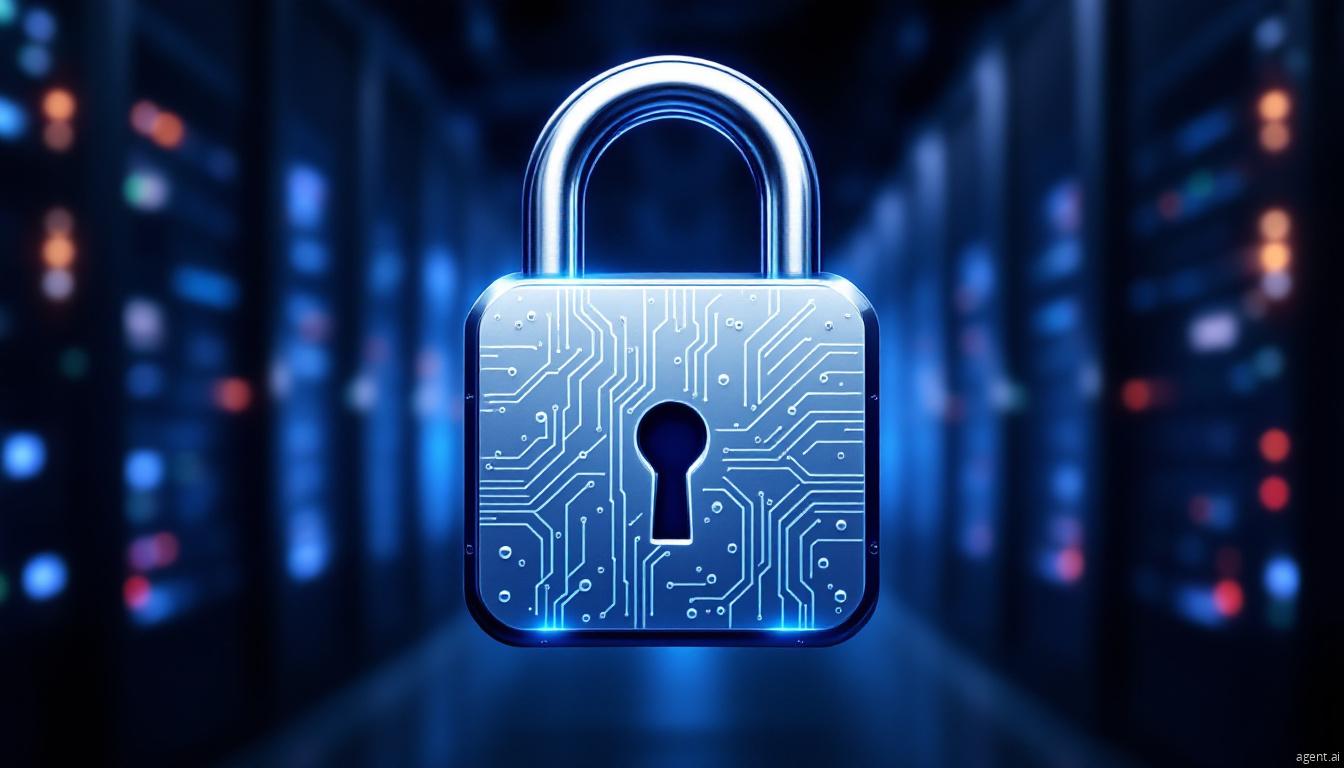 A digital padlock with circuit patterns symbolizes cybersecurity and data protection in a server room environment.