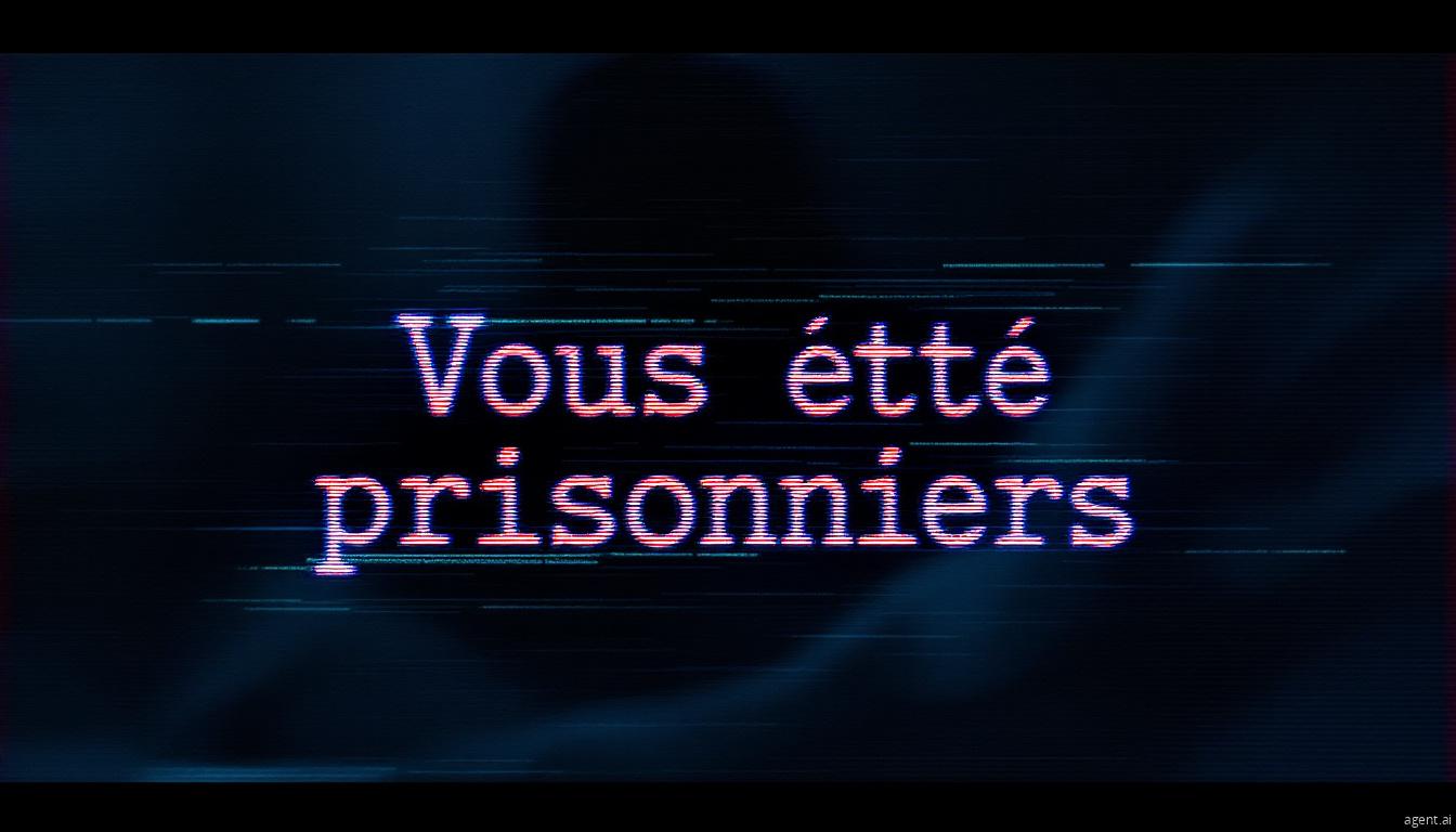 Glitched text reading “Vous été prisonniers” (You are prisoners) appears on a dark screen, symbolizing a ransomware or cyber hostage scenario.