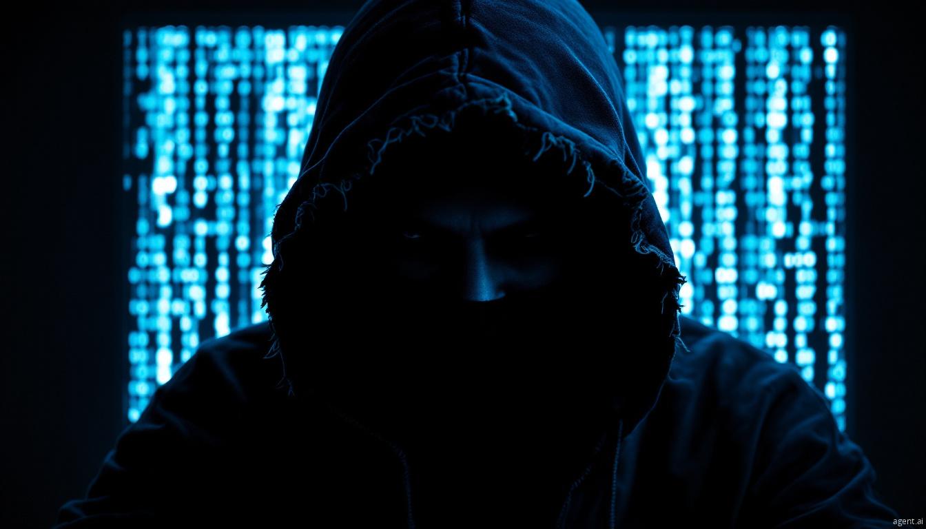 A mysterious figure in a dark hoodie is silhouetted against glowing binary code, symbolizing a stealthy hacker or cyber threat actor.