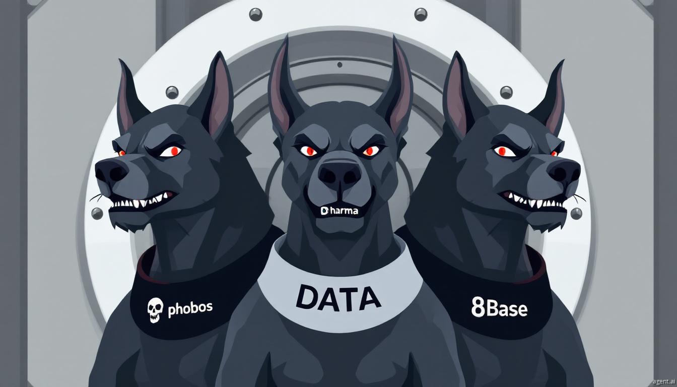 An illustration of a three-headed guard dog labeled Phobos, Dharma, and 8Base represents aggressive ransomware groups guarding and threatening sensitive data.