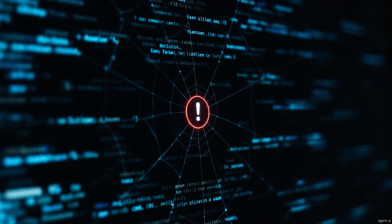 A digital spiderweb with an exclamation mark at its center overlays programming code, symbolizing a cybersecurity threat or ransomware entrapment.