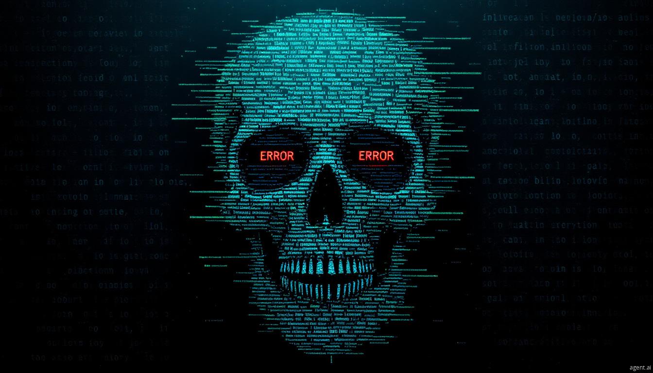 A digital skull formed from lines of code with glowing “ERROR” messages in its eyes represents a critical system failure or ransomware threat.