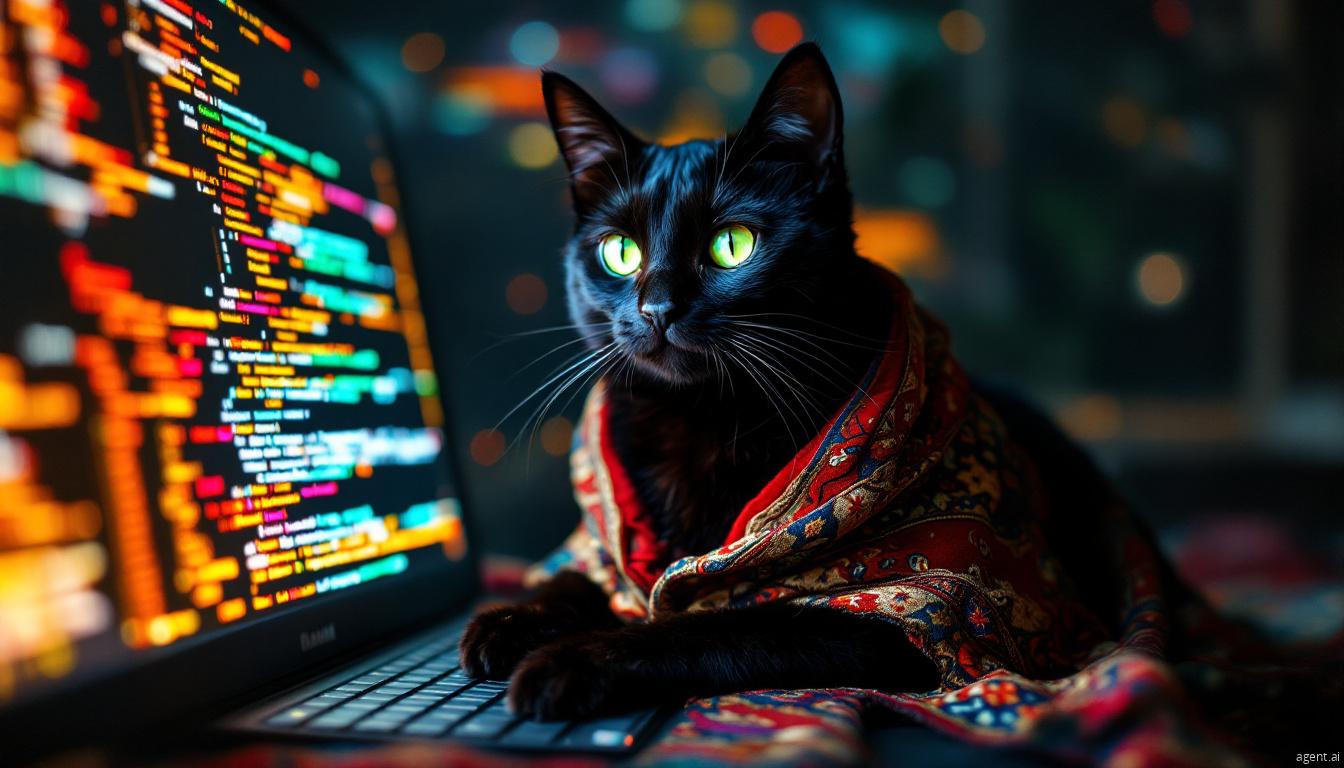 A sleek black cat with glowing green eyes and a colorful shawl sits on a laptop keyboard displaying colorful code, blending cuteness with cybersecurity vibes.