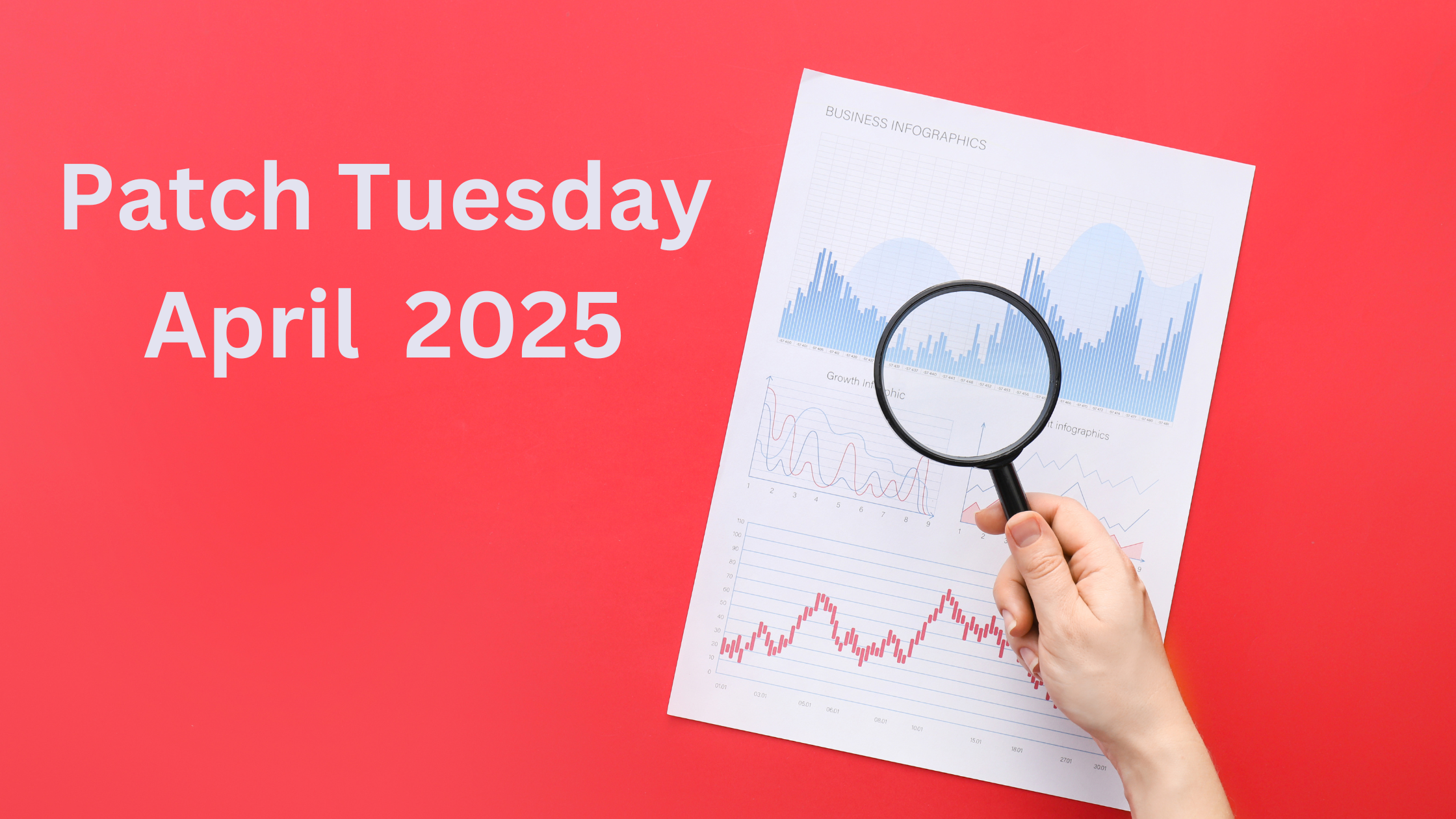 A hand holding a magnifying glass over business charts with the text "Patch Tuesday April 2025" on a red background.