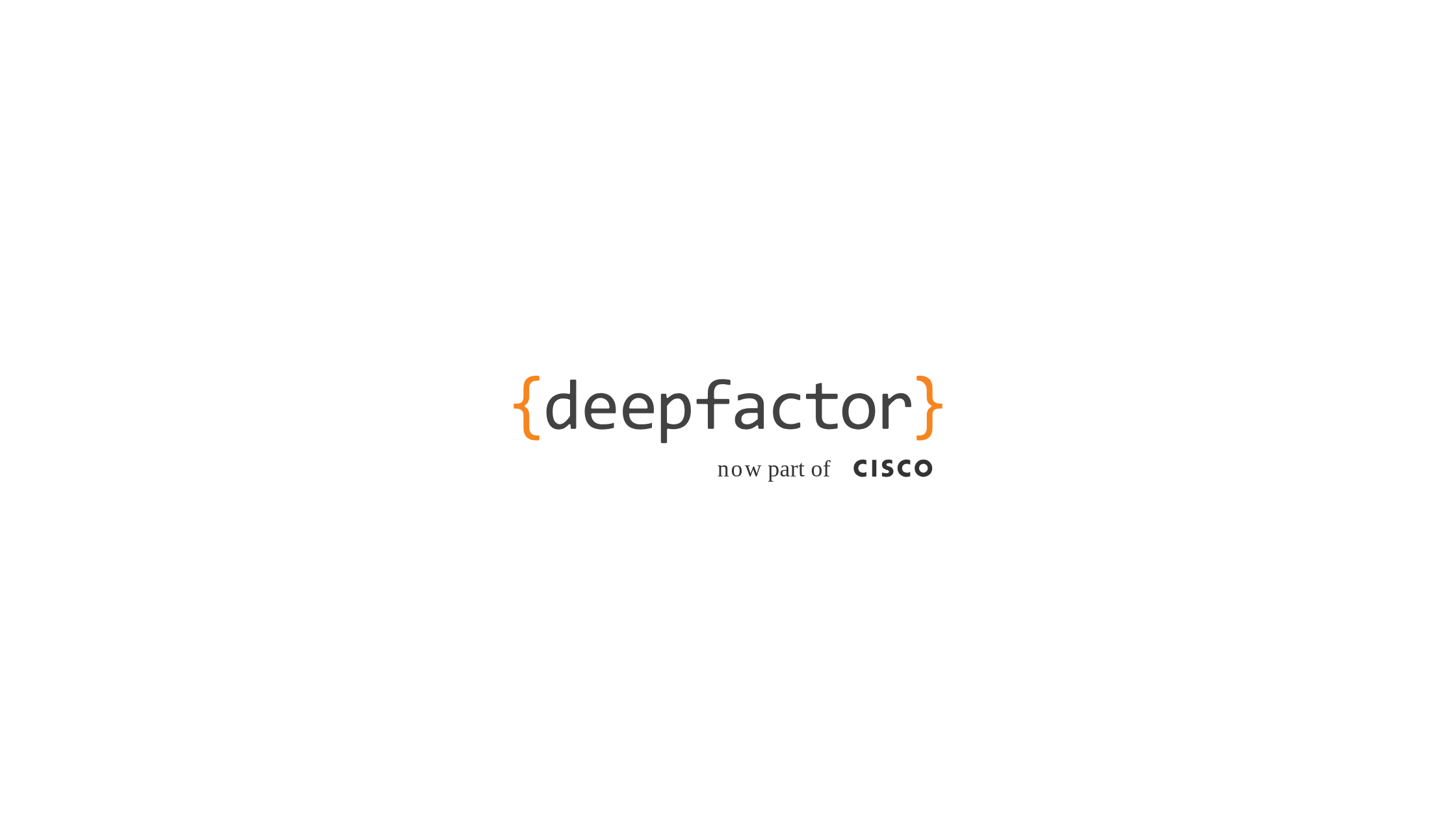 DeepFactor logo with orange curly braces and tagline 'now part of Cisco' on a white background.