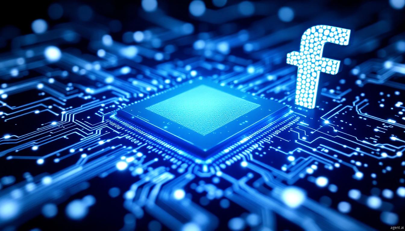 Glowing Facebook logo emerging from a futuristic microchip on a digital circuit board, symbolizing AI-integrated malware or cyber threat targeting social platforms.