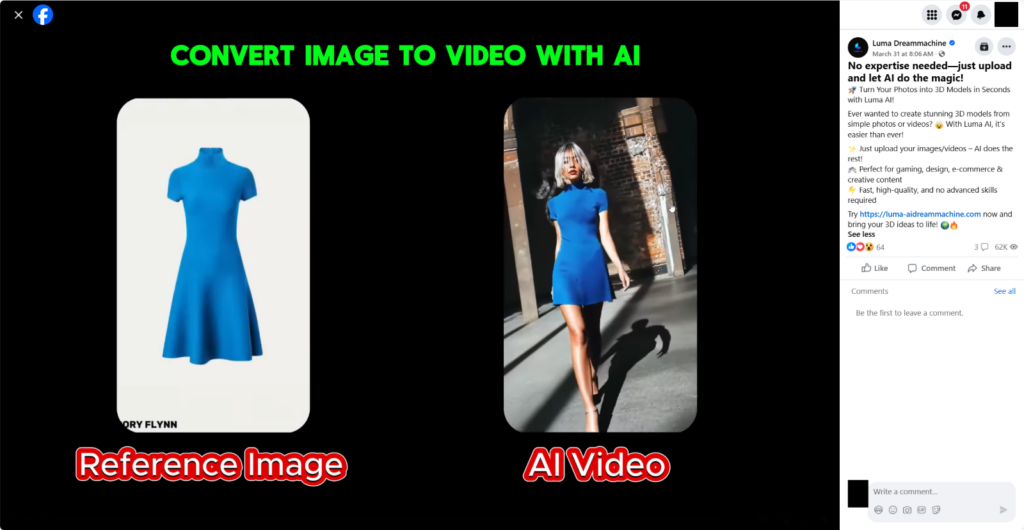 Side-by-side comparison showing a blue dress reference image on the left and an AI-generated video of a woman wearing the dress on the right, highlighting image-to-video conversion with Luma AI.