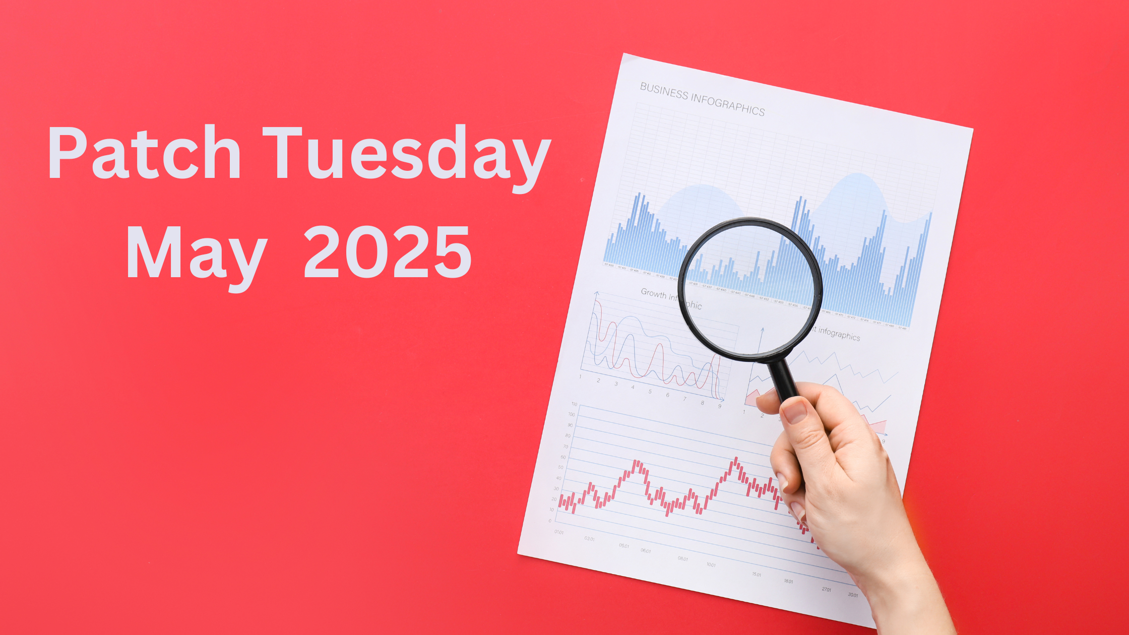 A magnifying glass examines business graphs beside bold text reading "Patch Tuesday May 2025" on a red background.