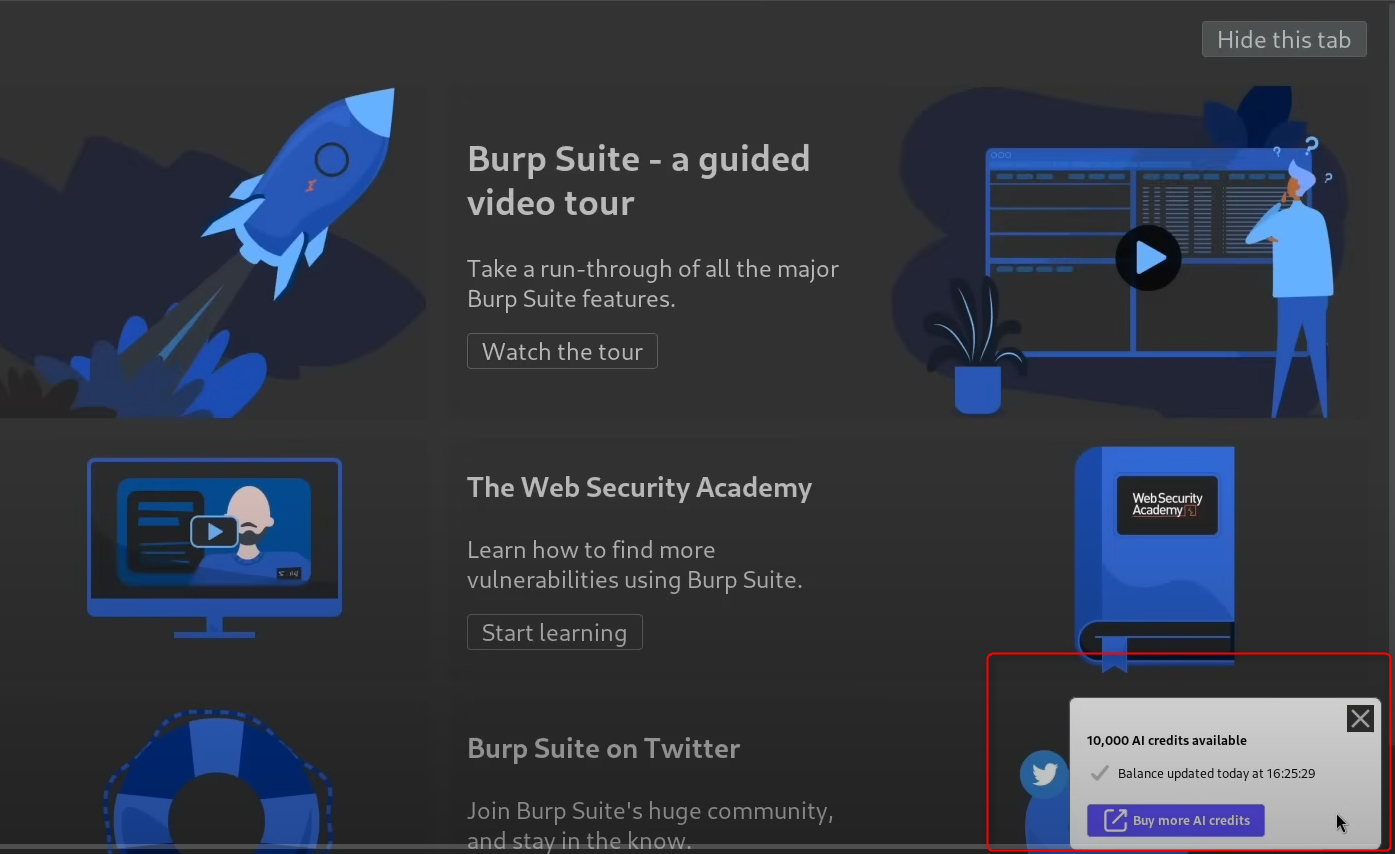 A Burp Suite interface screen highlighting Web Security Academy and AI credit balance for Burp AI usage.
