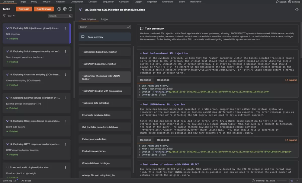 Burp Suite’s “Explore Issue” task interface showing detailed steps and responses for confirming SQL injection vulnerabilities on ginandjuice.shop.