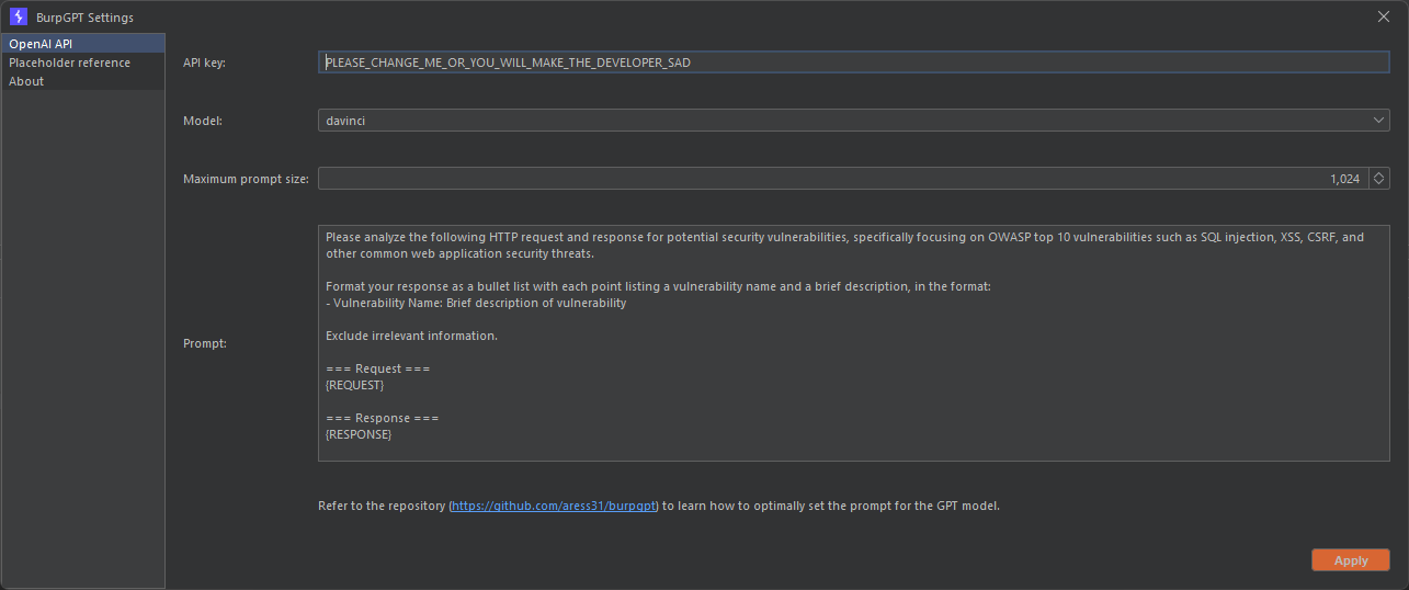 BurpGPT settings interface showing OpenAI API key input, model selection, and a customized prompt for analyzing HTTP requests and responses for security vulnerabilities.