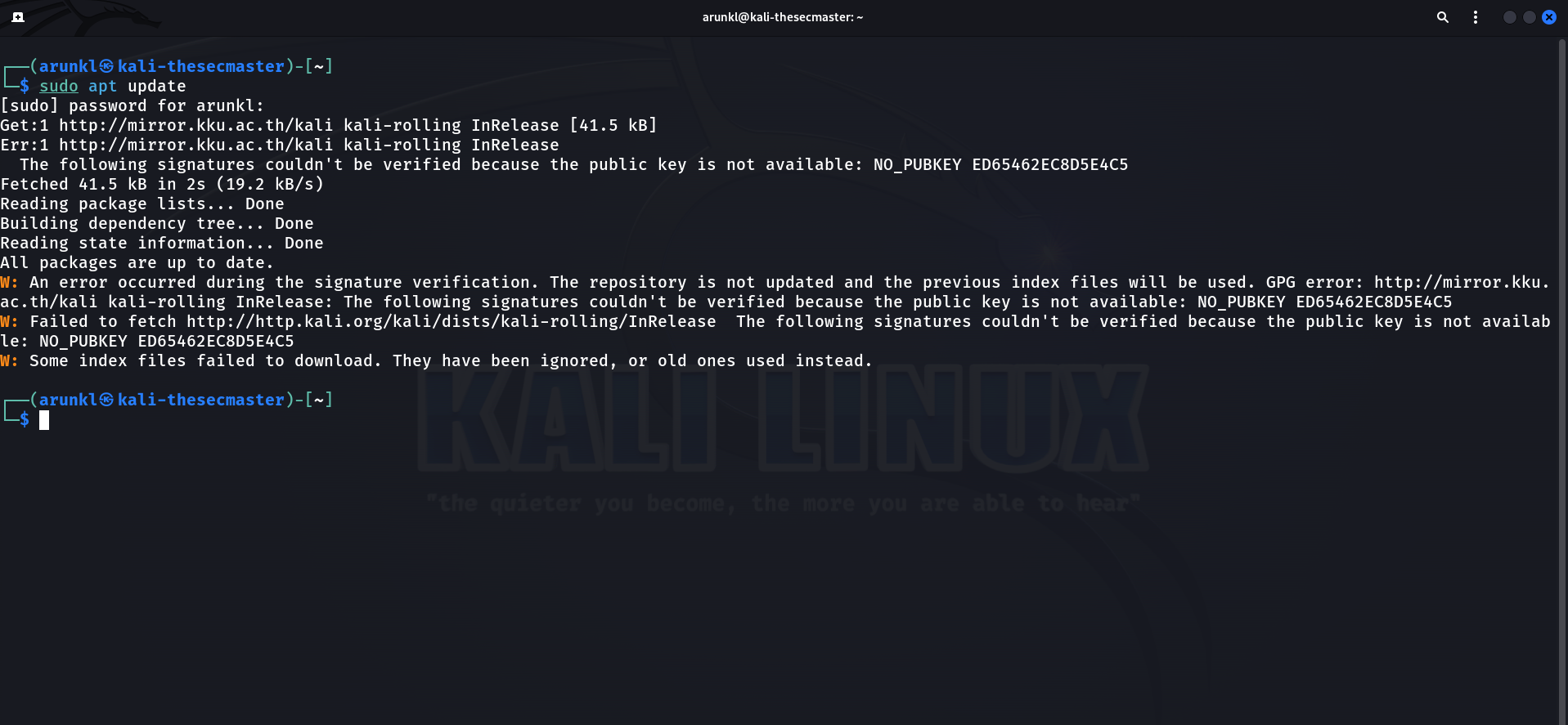 Terminal screenshot showing a GPG key error (NO_PUBKEY ED65462EC8D5E4C5) during apt update on Kali Linux.