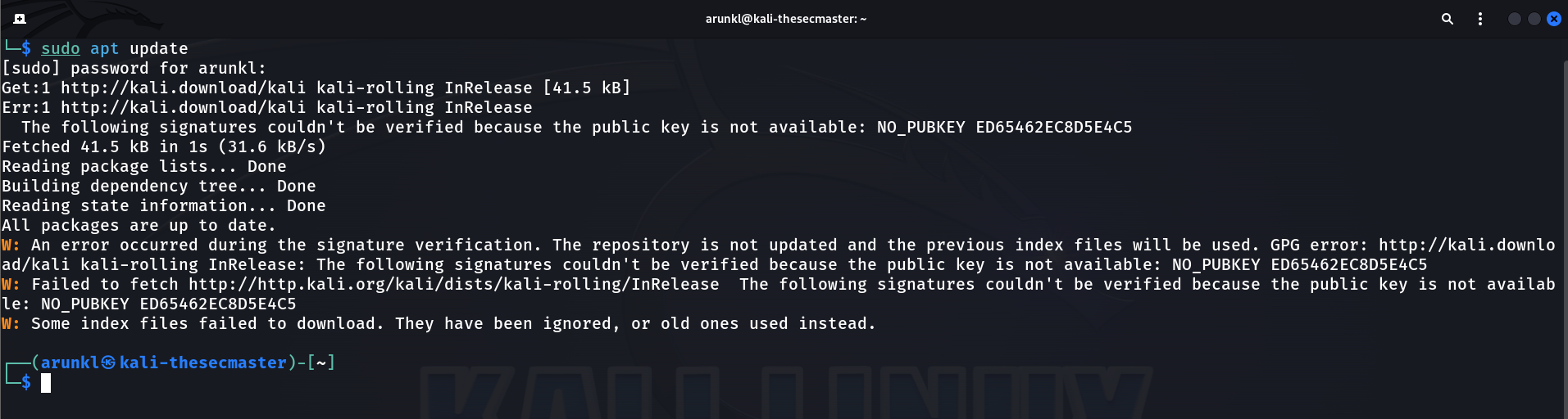 Terminal output showing a GPG verification failure (NO_PUBKEY ED65462EC8D5E4C5) while updating Kali Linux due to a missing public key.