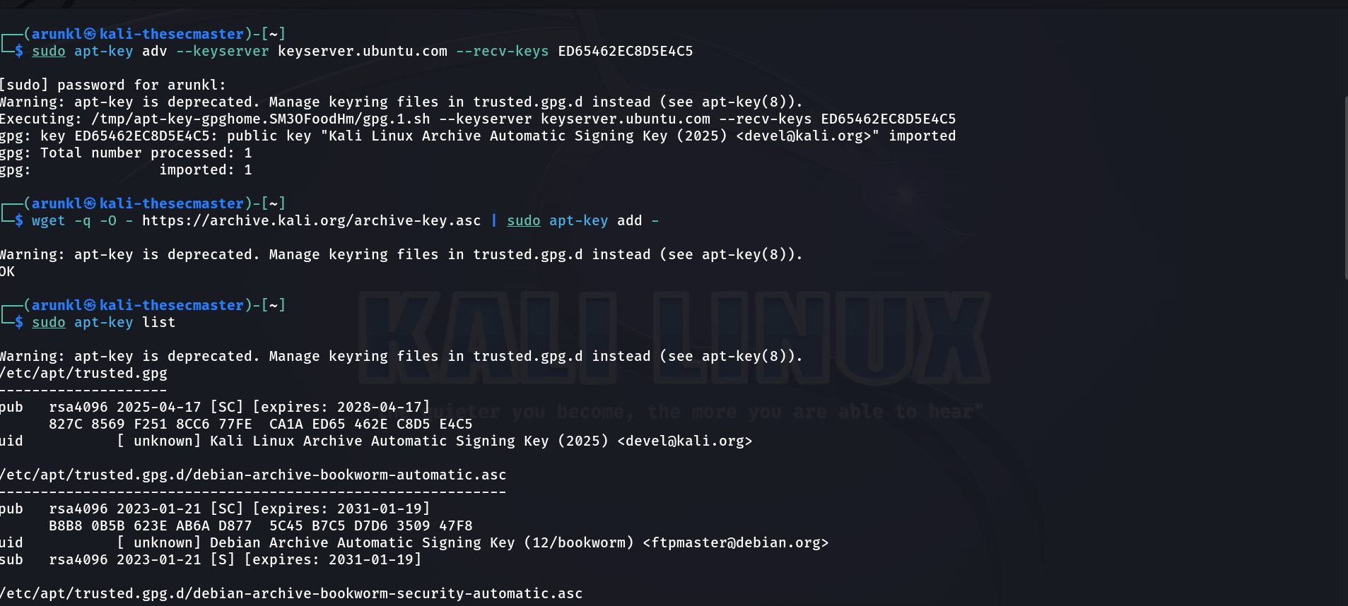 Terminal output showing successful import and listing of the Kali Linux GPG key using apt-key for signature verification.