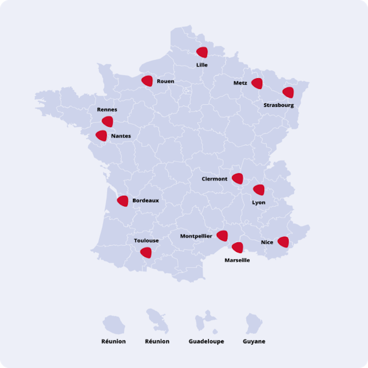 La carte de France avec l'indication des formations GERESO disponibles en région