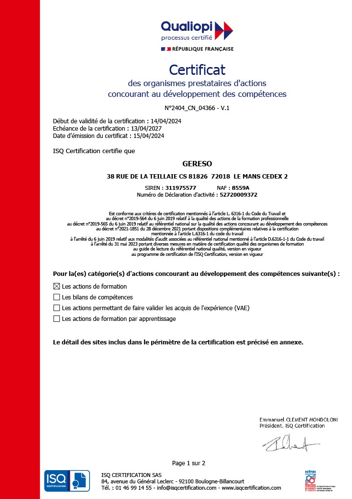 GERESO engagements qualité certificat qualiopi